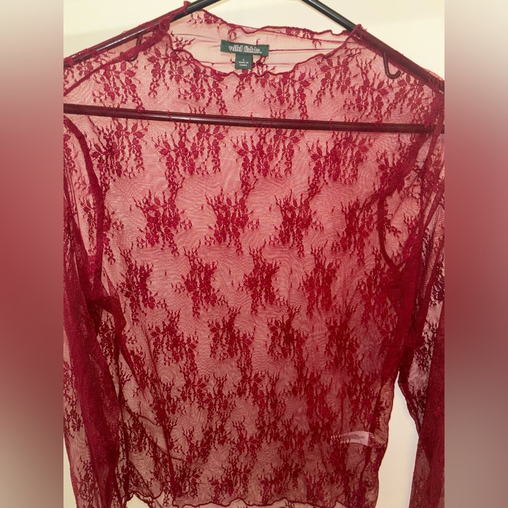 Sheer Lace Long Sleeve Top - Burgundy